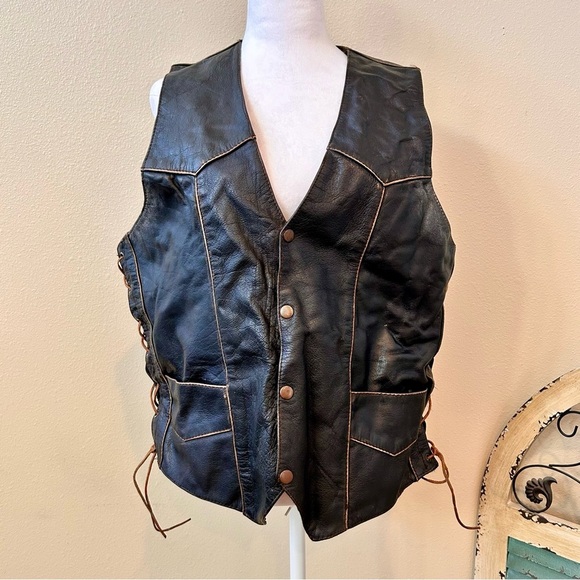Leather Eagle Embossed Moto Style USA Vest 44 Goth Patriotic Bikecore Vintage - Picture 1 of 12